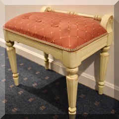F64. Painted vanity stool with upholstered seat. 20” h x 22”w x 15” d - $60